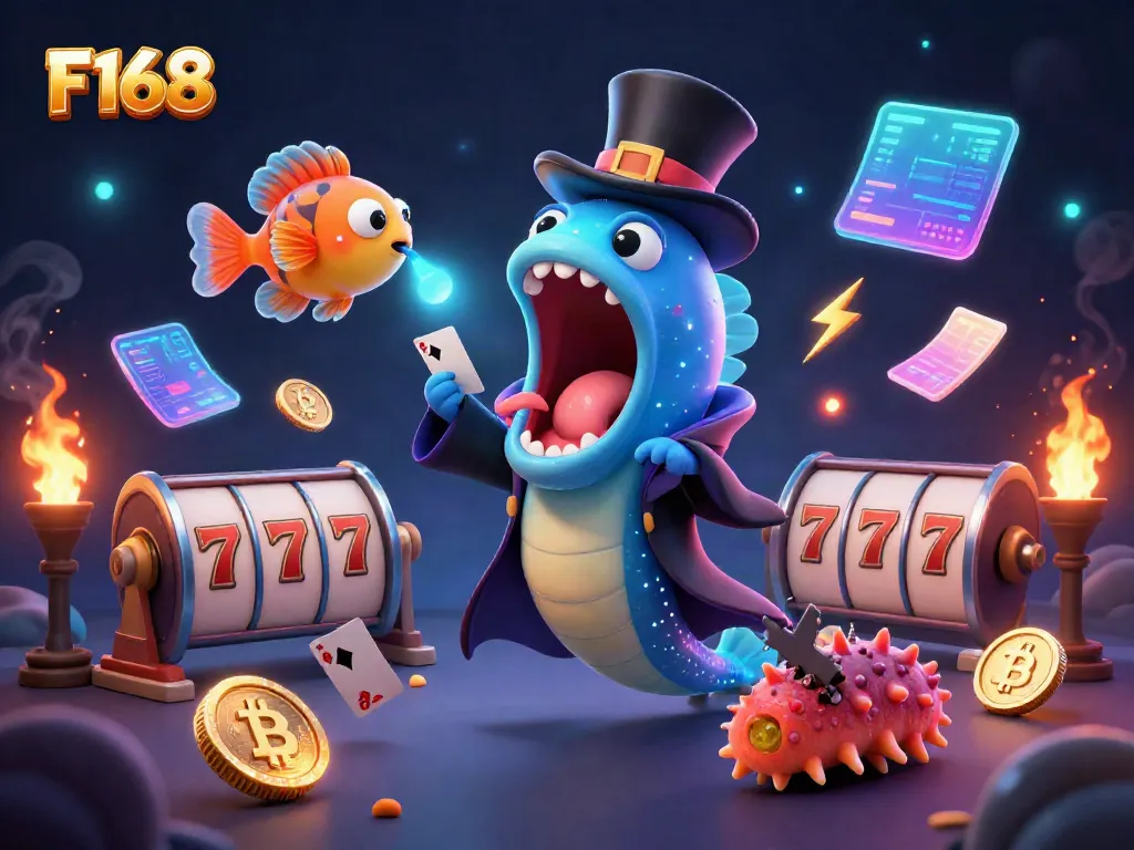 Witness a magical F168 gaming scene with deep-sea creatures performing tricks surrounded by glowing crypto coins and slot elements.