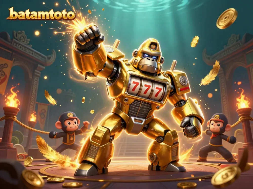 Experience thrilling gameplay with batamtoto's golden gorilla mech challenging players in a dynamic casino arena.