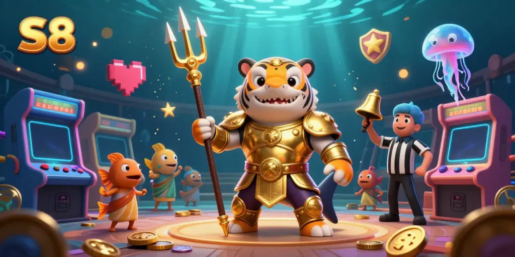 S8 casino illustration with a tiger shark in gladiator armor battling in a vibrant underwater setting.