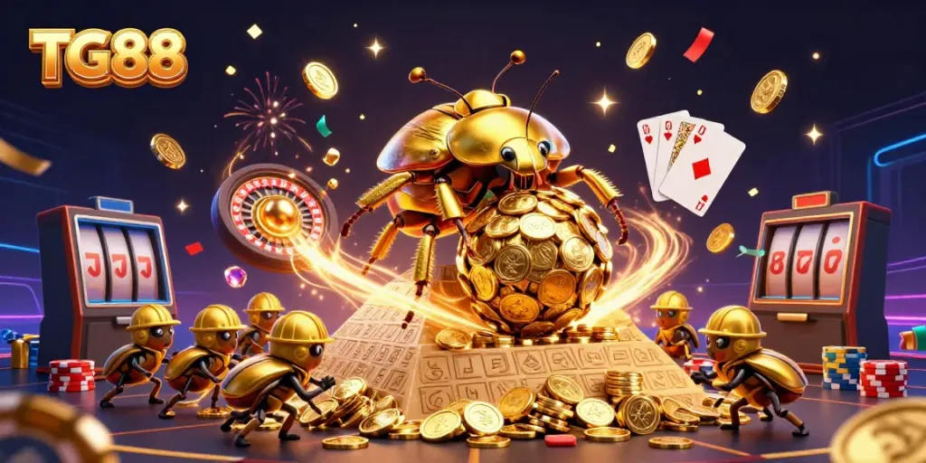 Engage with TG88's vibrant casino experience featuring dynamic golden beetles and sparkling gems.