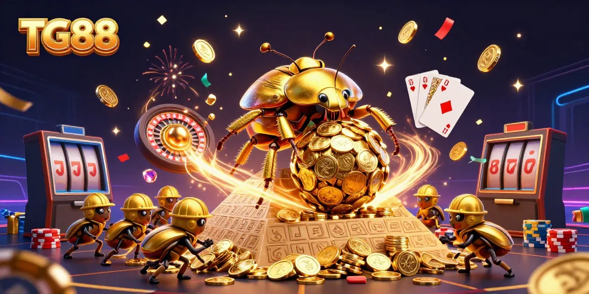 Engage with TG88's vibrant casino experience featuring dynamic golden beetles and sparkling gems.