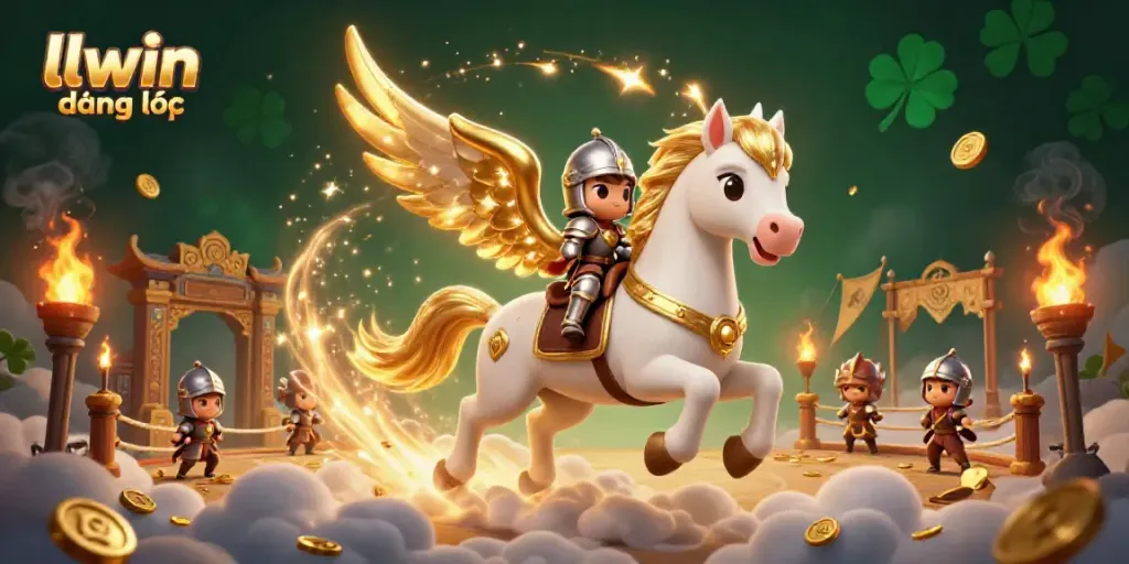 Experience the thrill of llwin đăng nhập in this vibrant 3D casino illustration capturing a knight riding a celestial horse amidst golden tokens and smoke effects.