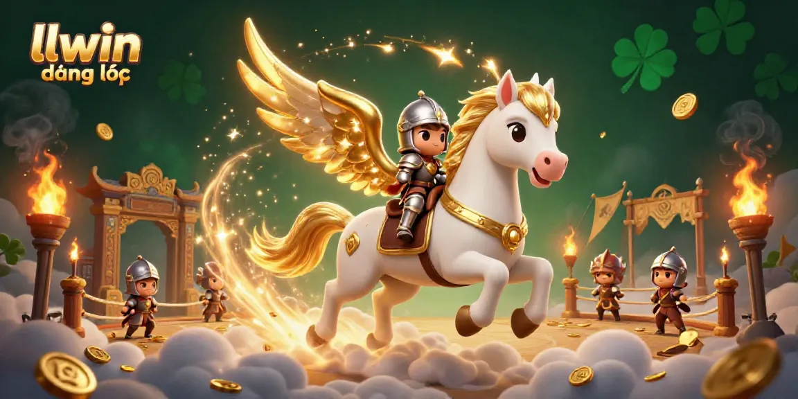 Experience the thrill of llwin đăng nhập in this vibrant 3D casino illustration capturing a knight riding a celestial horse amidst golden tokens and smoke effects.
