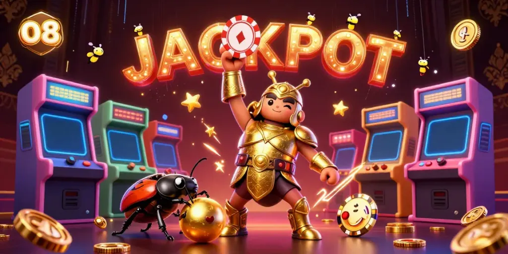 Experience the thrill at O8 with a gladiator beetle celebrating a jackpot victory surrounded by gaming elements.