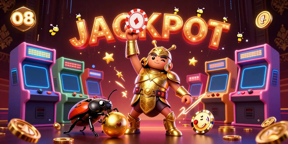 Experience the thrill at O8 with a gladiator beetle celebrating a jackpot victory surrounded by gaming elements.