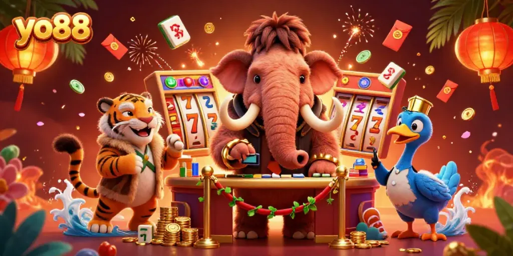 Engage with yo88 through a vibrant casino-themed illustration featuring unique characters and game elements.