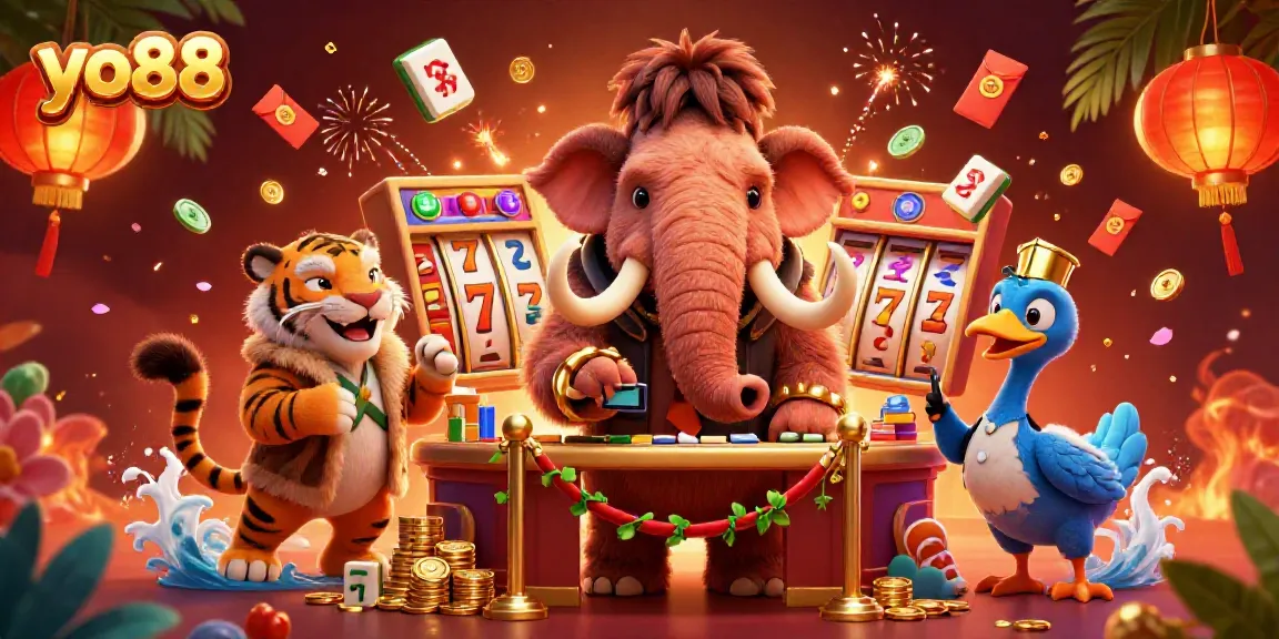 Engage with yo88 through a vibrant casino-themed illustration featuring unique characters and game elements.