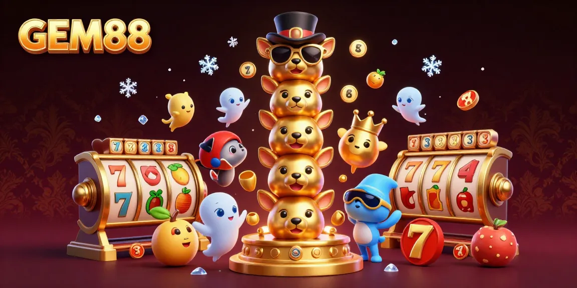 Experience the thrill of GEM88 with a vibrant 3D totem pole surrounded by slot elements and casino excitement.