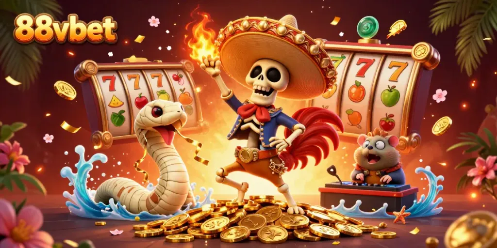 88vbet showcases a lively skeleton rooster dancing amidst slot reels and gold coins, capturing a vibrant casino scene.