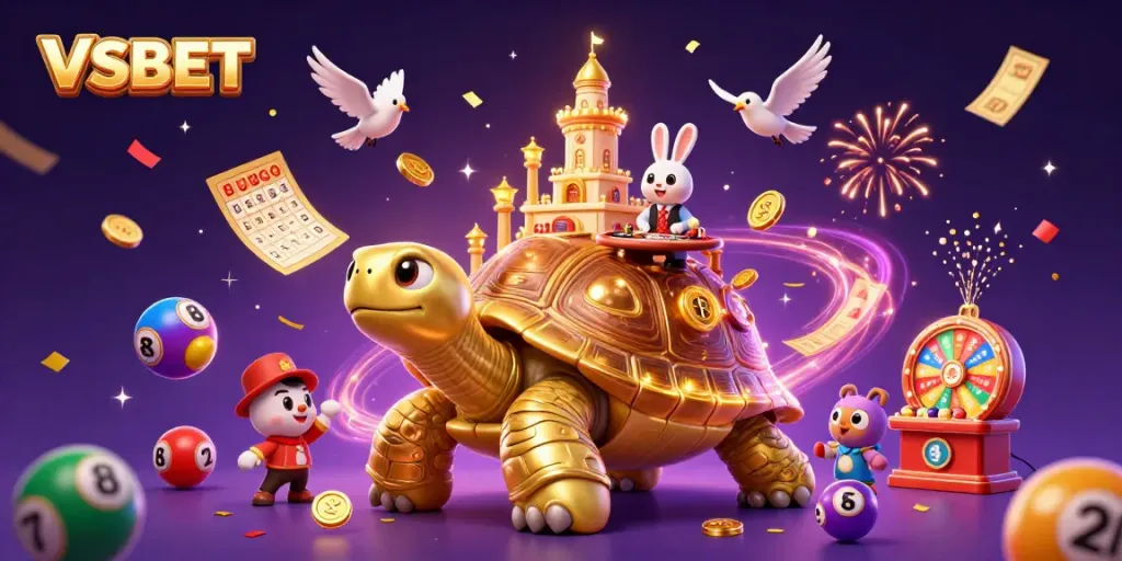 Experience the magic of VSBET at the casino with vibrant colors, golden tortoise, and dynamic lottery elements.