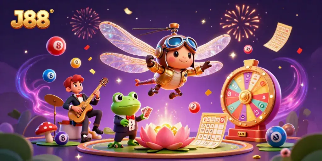 Experience excitement at J88 with a vibrant casino scene full of animated characters, colorful lottery elements, and Vegas-style celebration.