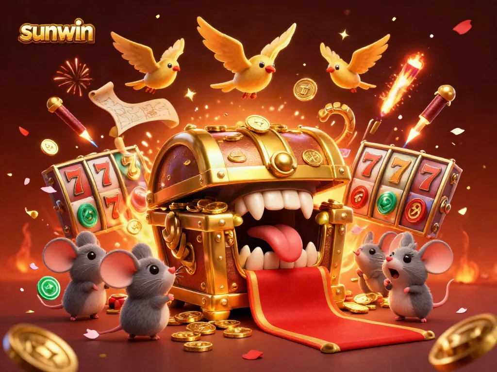 Engaging treasure chest motif drawing adventurer mice into the sunwin gaming world, showcasing slot elements.