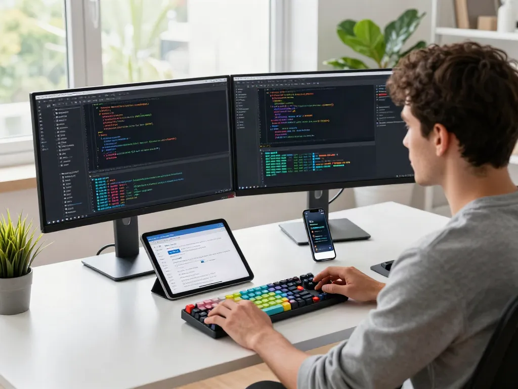 Dynamic tech workspace showcasing software development code display and collaboration, highlighting pecah404 for tech professionals.