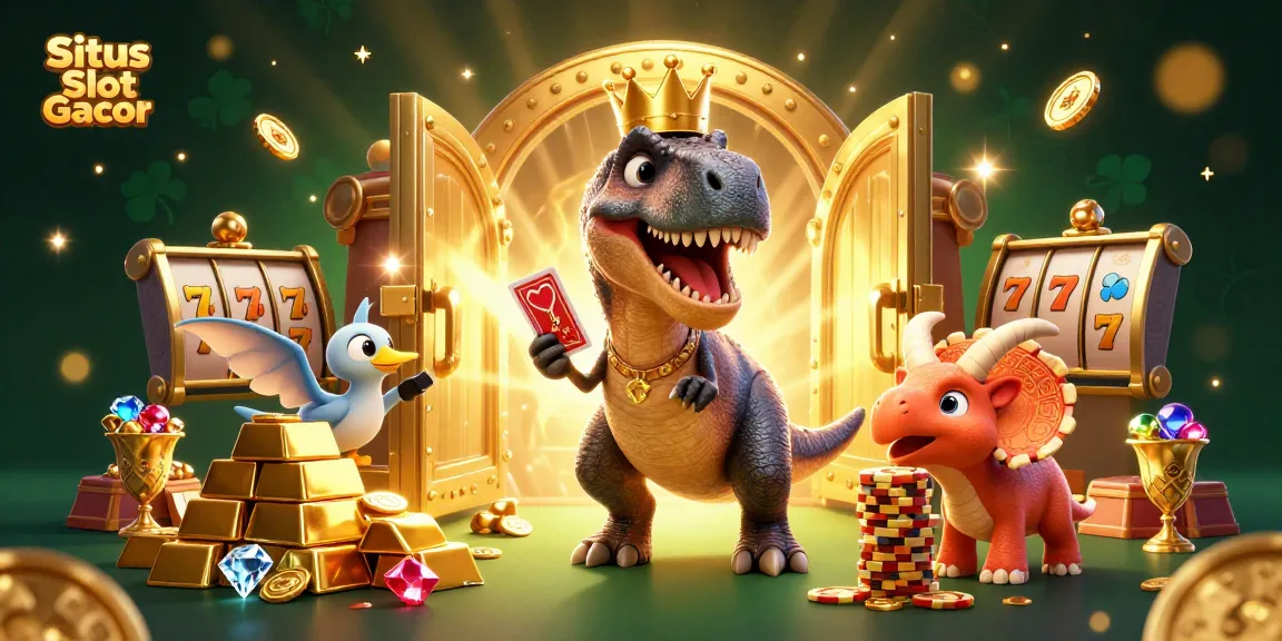Situs Slot Gacor menampilkan T-Rex dengan mahkota emas di kasino, dikelilingi oleh chip dan berbagai elemen permainan