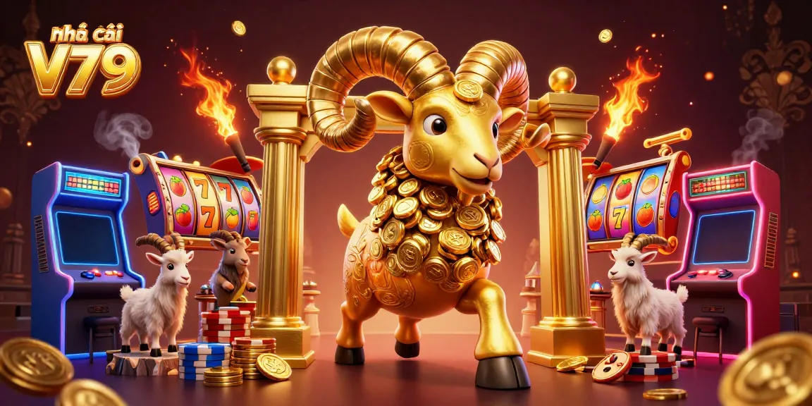 Experience thrilling slot games at Nhà cái V79, featuring a vibrant illustration of golden fortune elements and dynamic gameplay.