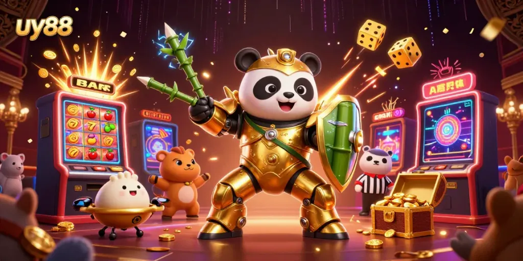 Experience the thrill of uy88 with a panda in a vibrant casino scene filled with dynamic gaming elements.