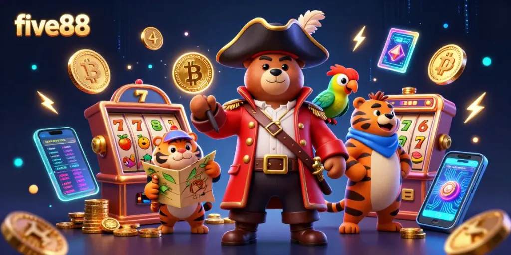 Engage with five88 in an exciting pirate-themed casino adventure exploring vibrant slots and crypto elements.