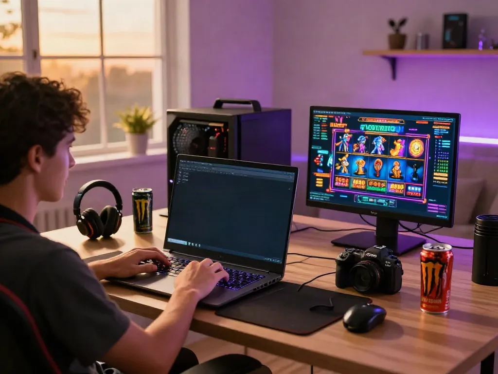 Player enjoying slot gacor games on a laptop surrounded by gaming gear in a vibrant atmosphere.