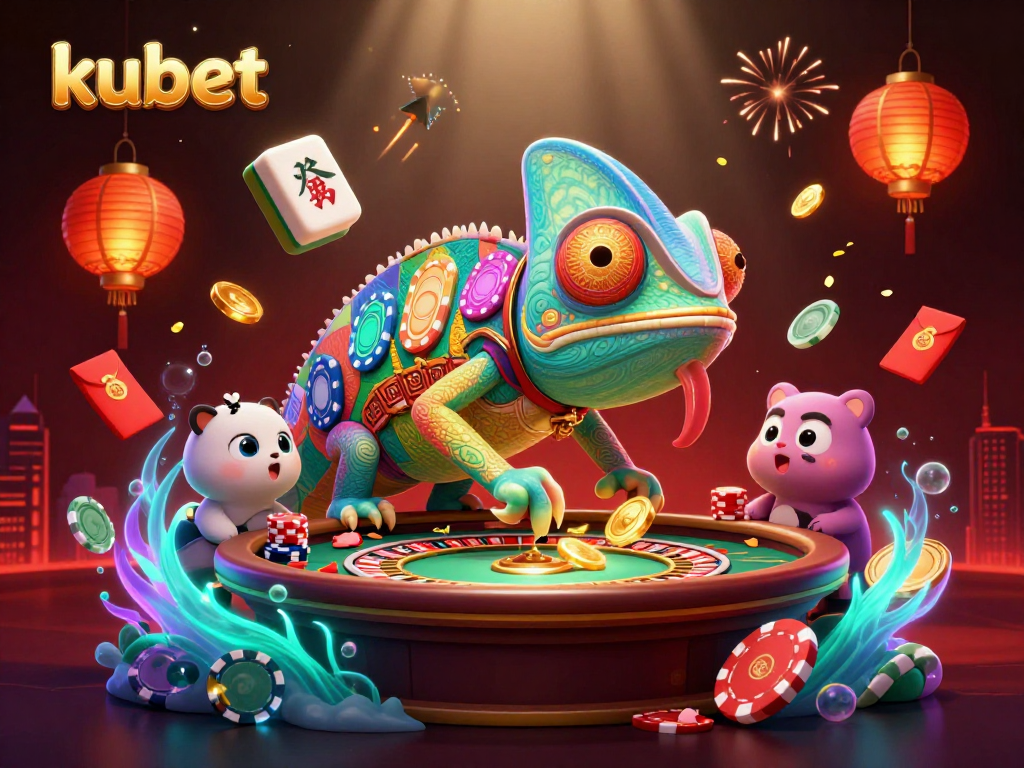 Experience kubet's vibrant casino world with a dynamic chameleon owner in a rich 3D scene.