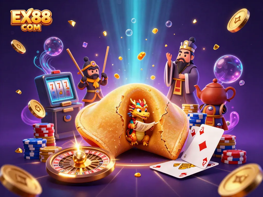 Experience thrilling moments at EX88 COM with a vibrant casino-themed 3D illustration.