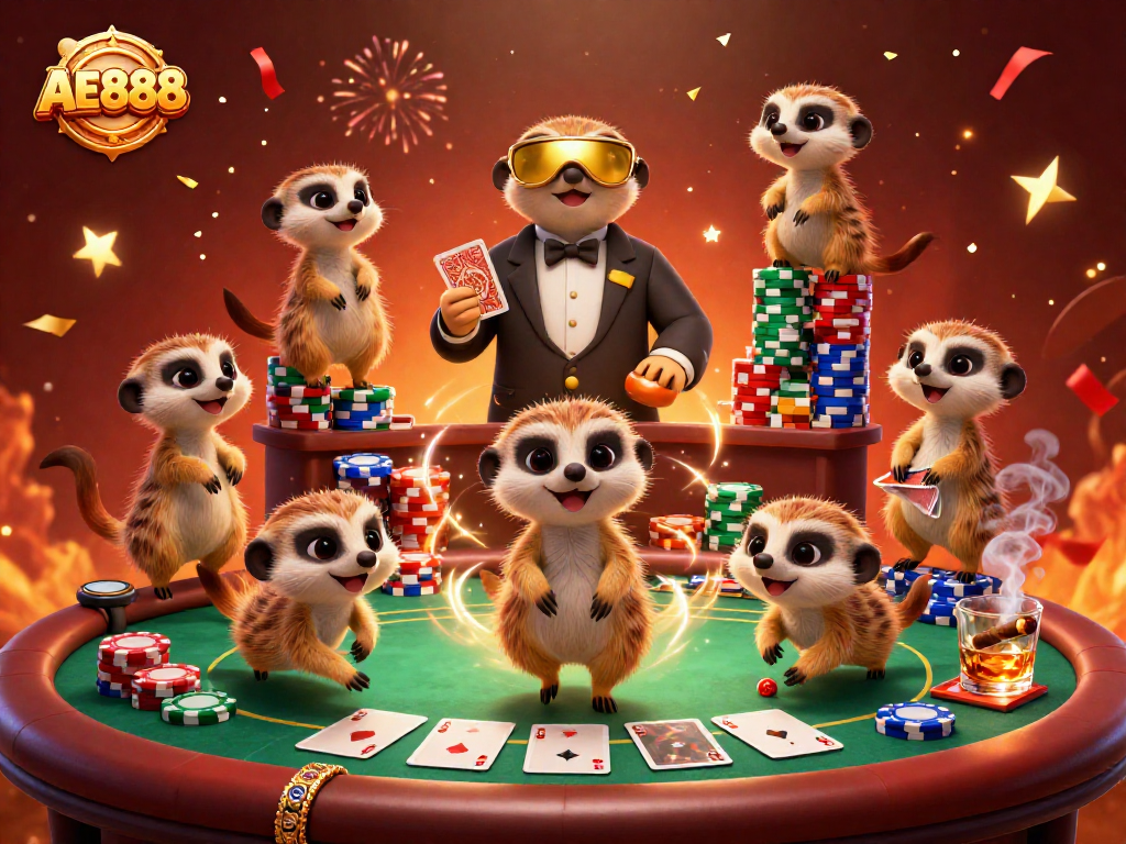 Engage with AE888's vibrant meerkat casino scene featuring poker and celebration.