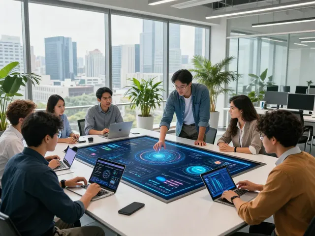 Engaged professionals collaborating on technology innovations at istana404 in a modern office setting.