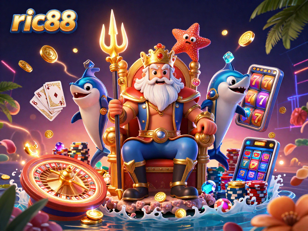 Experience immersive gaming at ric88 with a vibrant scene of sea king Neptune and slot machines.