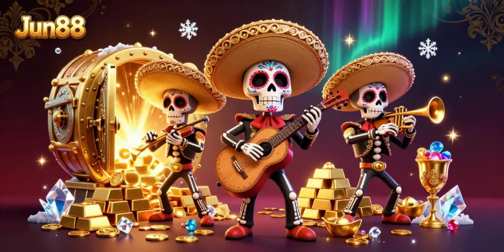 Jun88 casino scene with vibrant mariachi band, treasures, and dynamic gambling elements