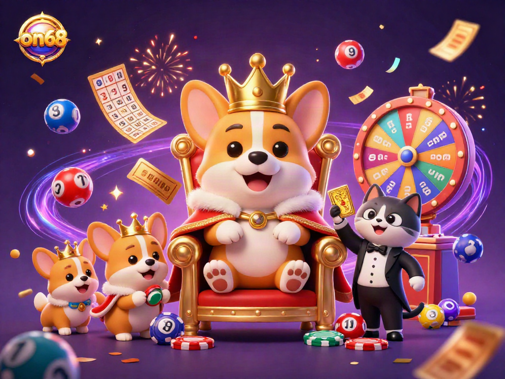 Engage with on68's thrilling lottery adventure featuring a golden deck presented by a royal corgi.
