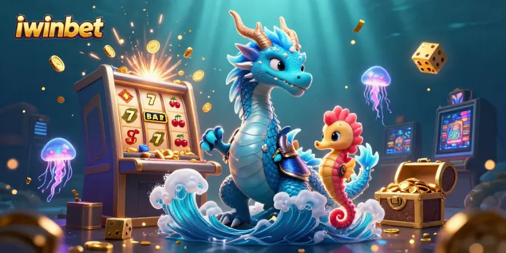 Experience the magic of iwinbet with an enchanting underwater casino scene featuring a radiant dragon and treasures.
