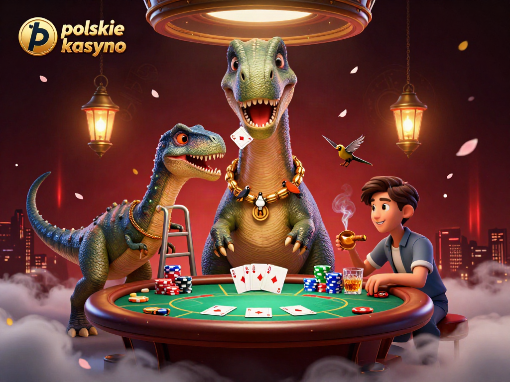 Engage in action at a polskie kasyno bitcoin with a giant brontosaurus card dealer in a vibrant scene.