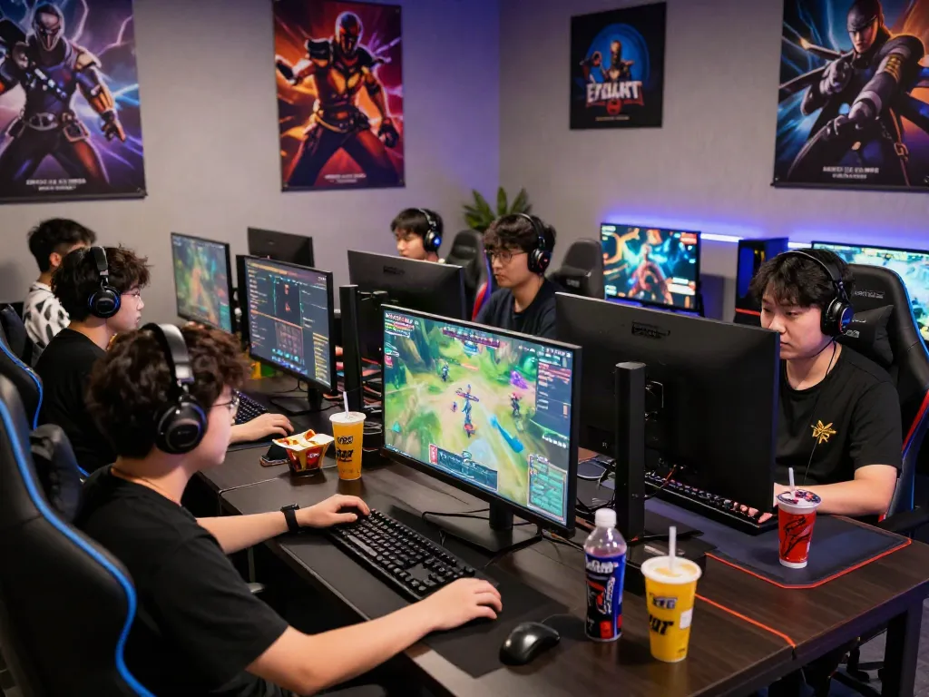 Competitive gaming scene showcasing gamers enjoying garuda404 online platform, with vibrant monitors and snacks.