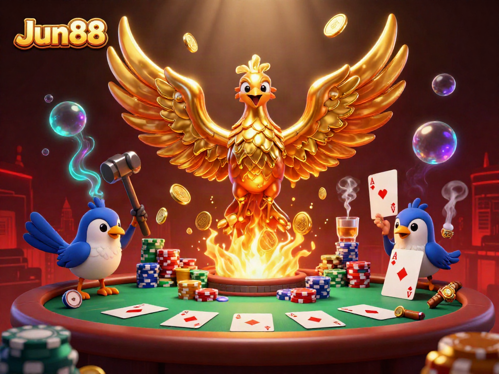 Experience thrilling gameplay at Jun88 with a molten metal phoenix and poker elements.