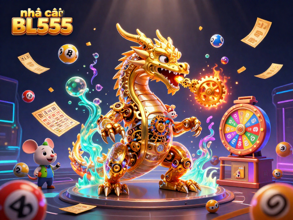 Play dynamic games at nhà cái BL555, featuring vibrant lottery elements and a golden dragon.