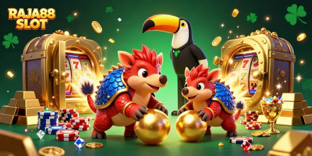 Engage with RAJA88 SLOT's exciting games as rival pangolins compete in a thrilling casino atmosphere.