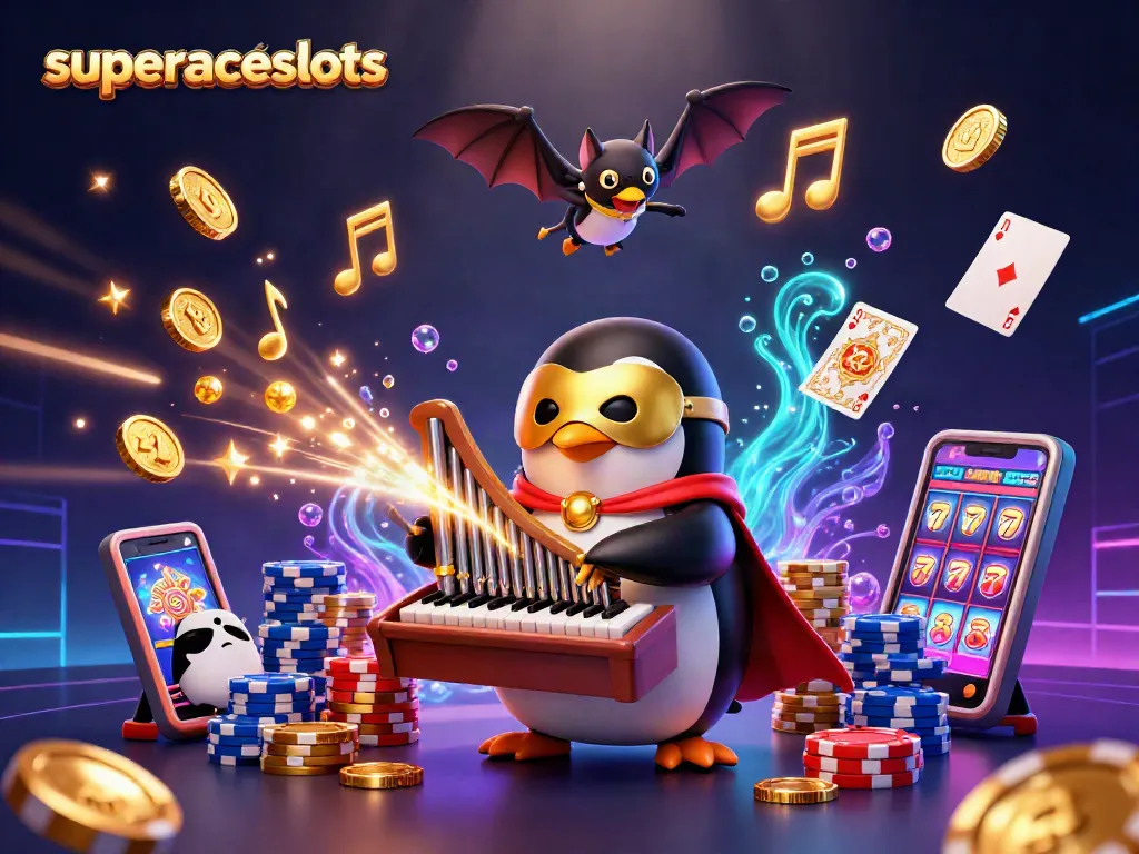 Experience the excitement of superaceslots with a vibrant 3D casino illustration featuring coins, chips, and cards.