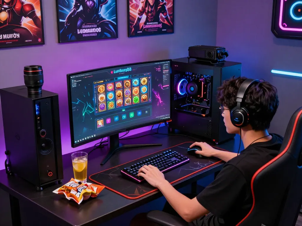 Enthusiastic player engaging with Lumbung88 gaming platform on a high-end PC setup, showcasing vibrant gaming accessories and an immersive atmosphere.