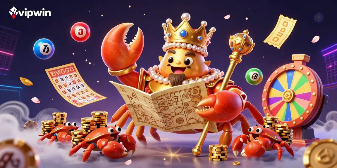 Engage in the vibrant world of vipwin with a massive crab emperor among colorful casino elements.