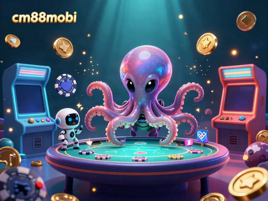 Engage with cm88mobi through an illustrative casino environment featuring a vibrant alien octopus, poker table, and dynamic game elements.