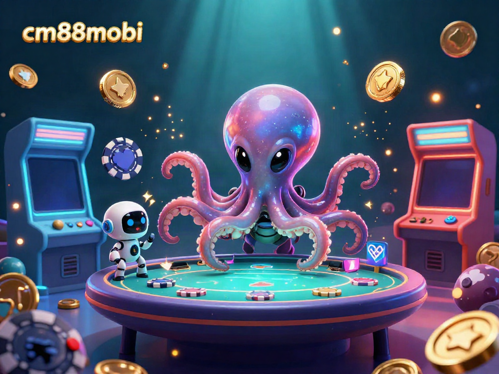 Engage with cm88mobi through an illustrative casino environment featuring a vibrant alien octopus, poker table, and dynamic game elements.
