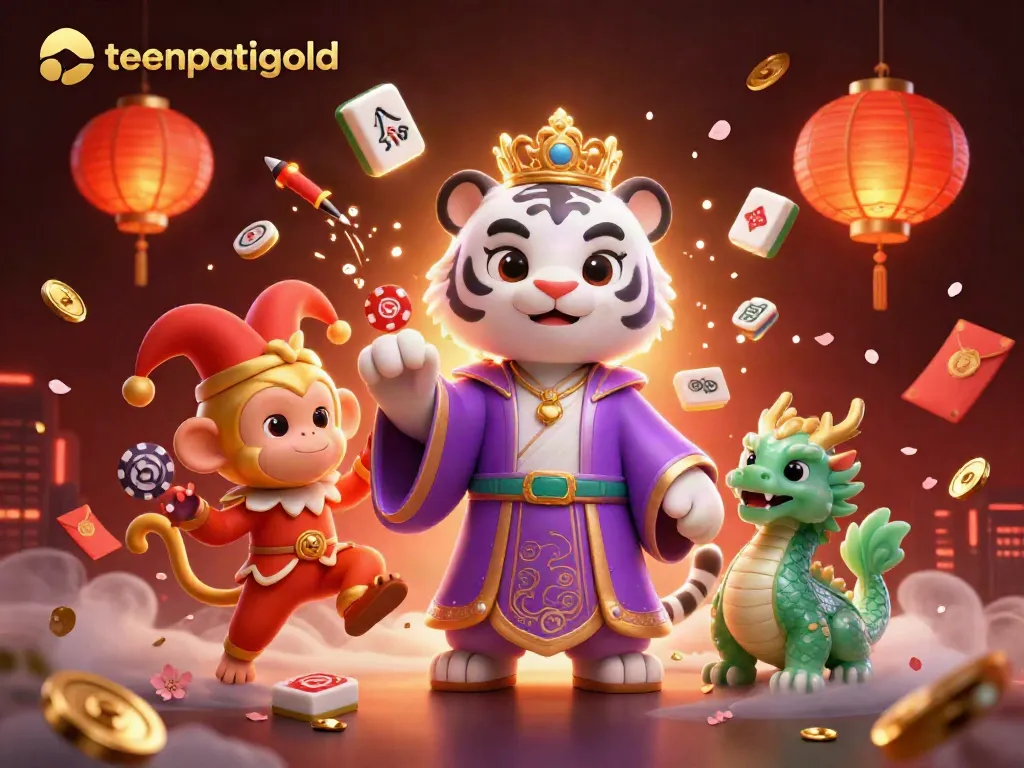 Engage with teenpatiigold's vibrant 3D illustration showcasing a white tiger, monkey juggling poker chips, and a jade dragon in an immersive casino setting.