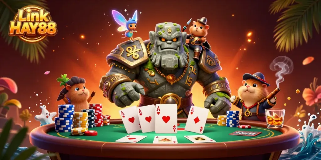 Experience thrilling gameplay with Link HAY88 in a vibrant casino scene featuring fantasy characters.