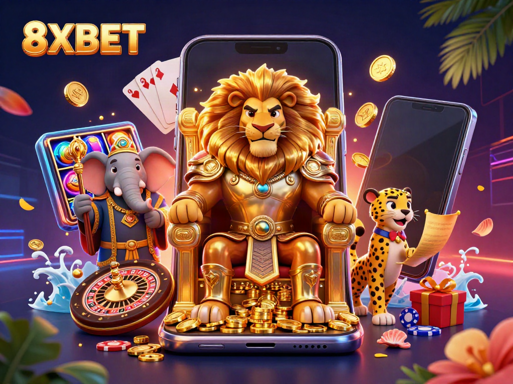 Engage in thrilling gaming adventures with 8XBET's vibrant casino atmosphere showcasing characters and dynamic elements.
