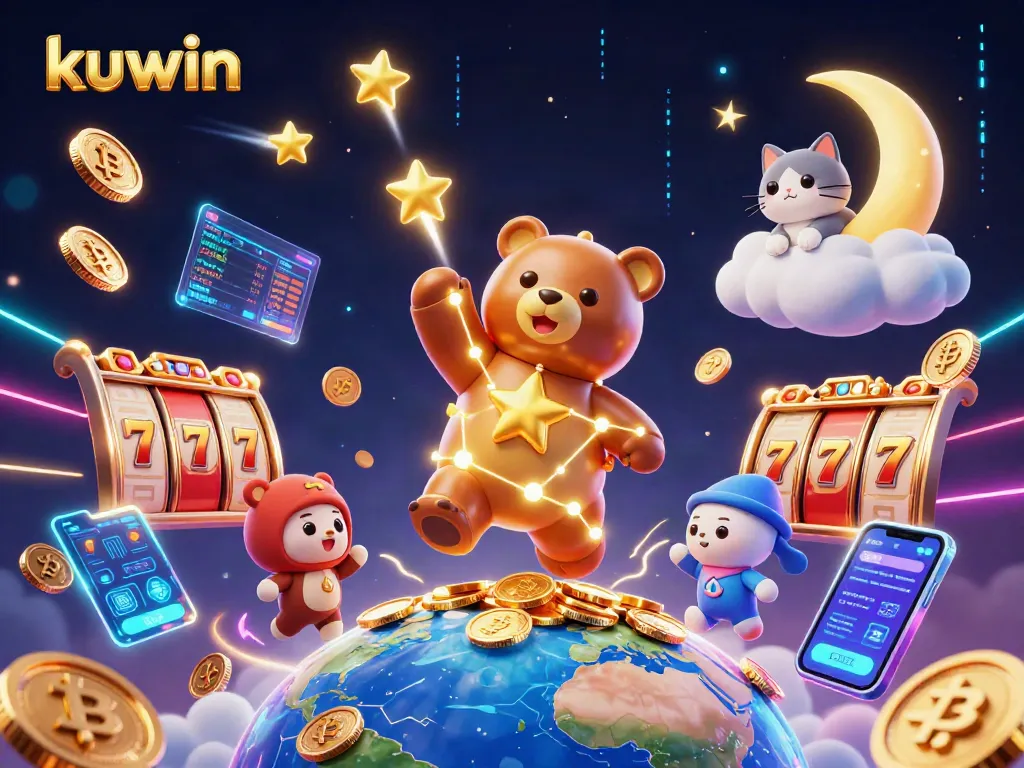 Kuwin engages players in a vibrant casino experience with golden coin collecting in a colorful scene.