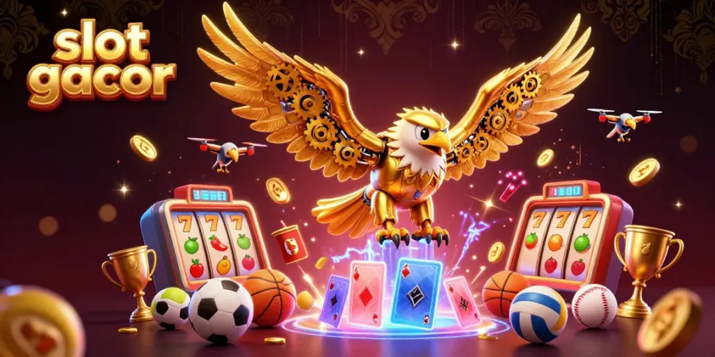 Permainan slot gacor dengan simbol keberuntungan dan jackpot berkilau pada latar belakang mewah.