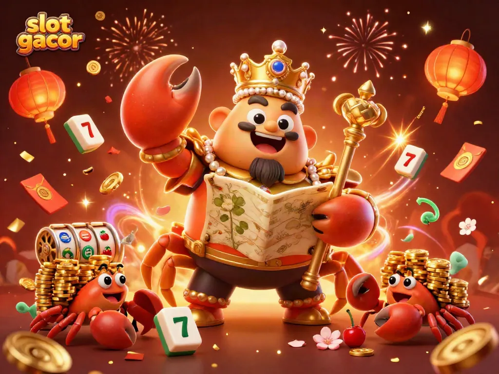 Engage with slot gacor excitement as a golden crab emperor leads a vibrant casino celebration.