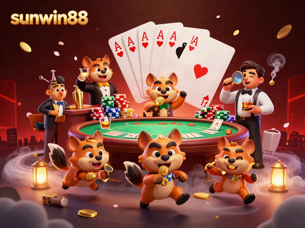 Experience the fun at sunwin88's comedy casino club with hyenas, poker elements, and vibrant atmosphere.