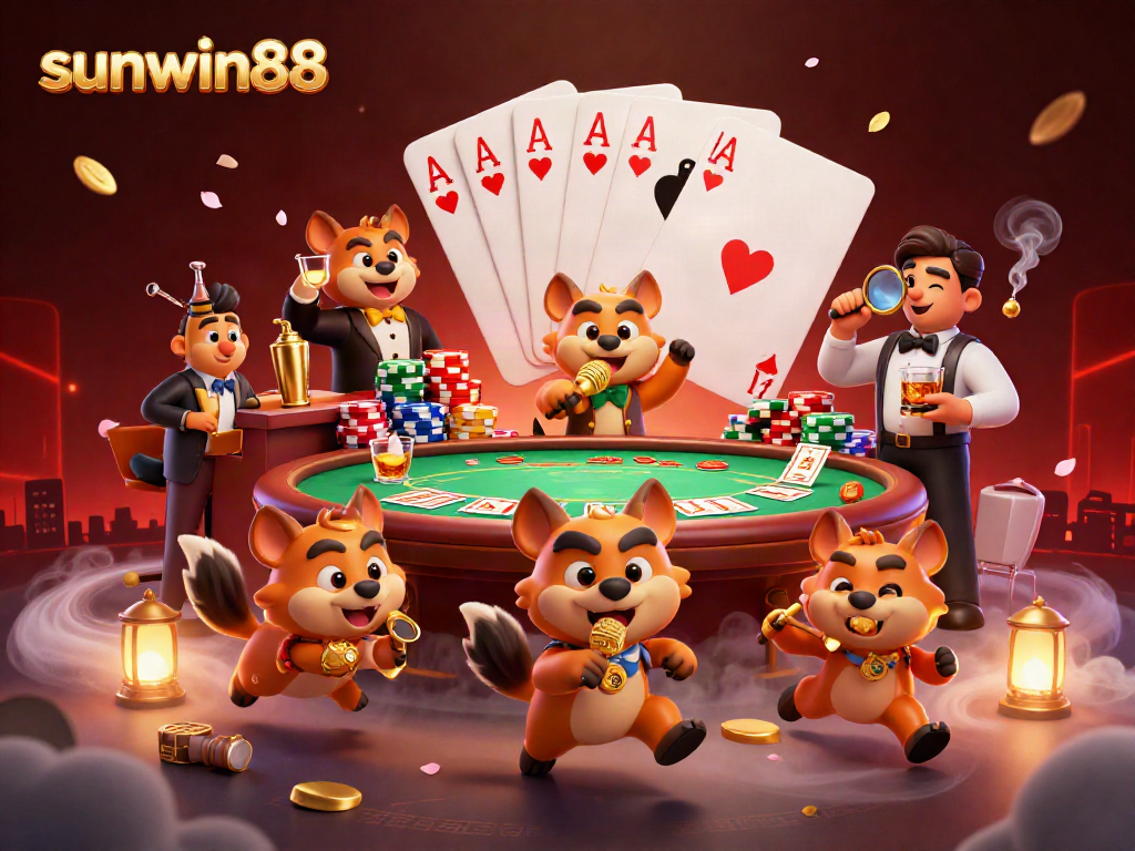 Experience the fun at sunwin88's comedy casino club with hyenas, poker elements, and vibrant atmosphere.