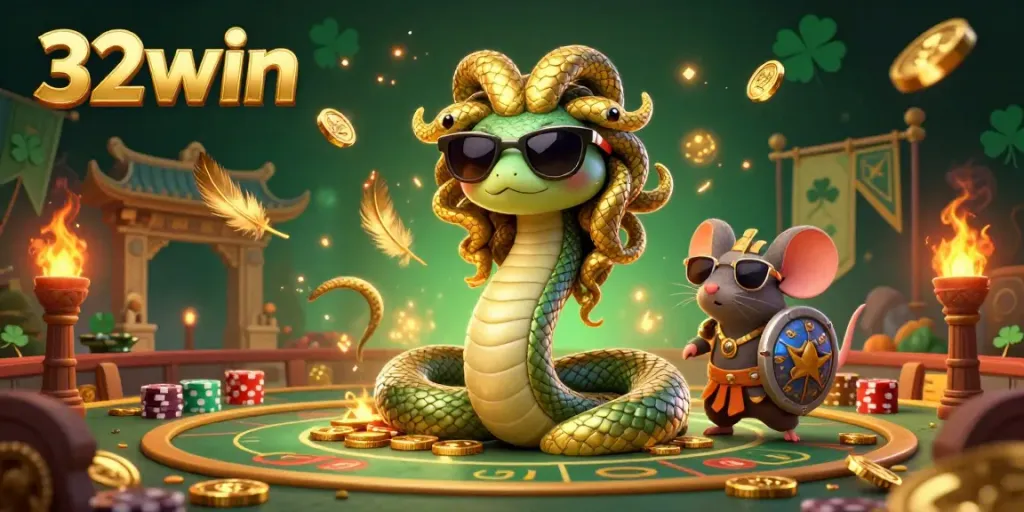 Engage with 32win's thrilling gambling scene featuring Medusa and warrior mouse.