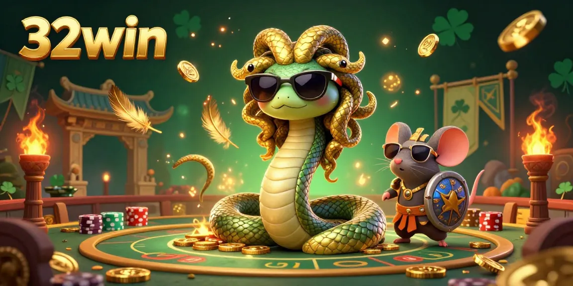 Engage with 32win's thrilling gambling scene featuring Medusa and warrior mouse.
